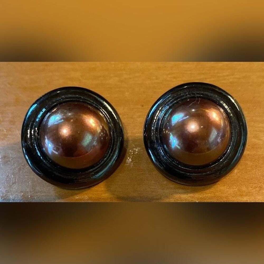 Gold Tone Faux Pearl Clip-On Stud Earrings Womens Black Round Jewelry